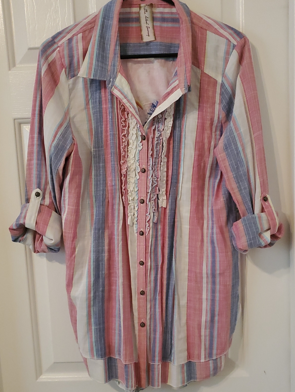 Aratta Pink, Blue & Cream Striped Ruffle-Front Button Blouse